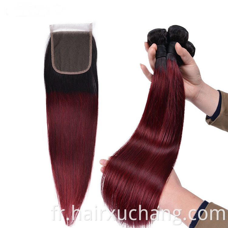 Prix ​​bon marché cru indien tissage couleur 1b / 99J extensions de cheveux paquets de cheveux humains vierges crus avec fermeture